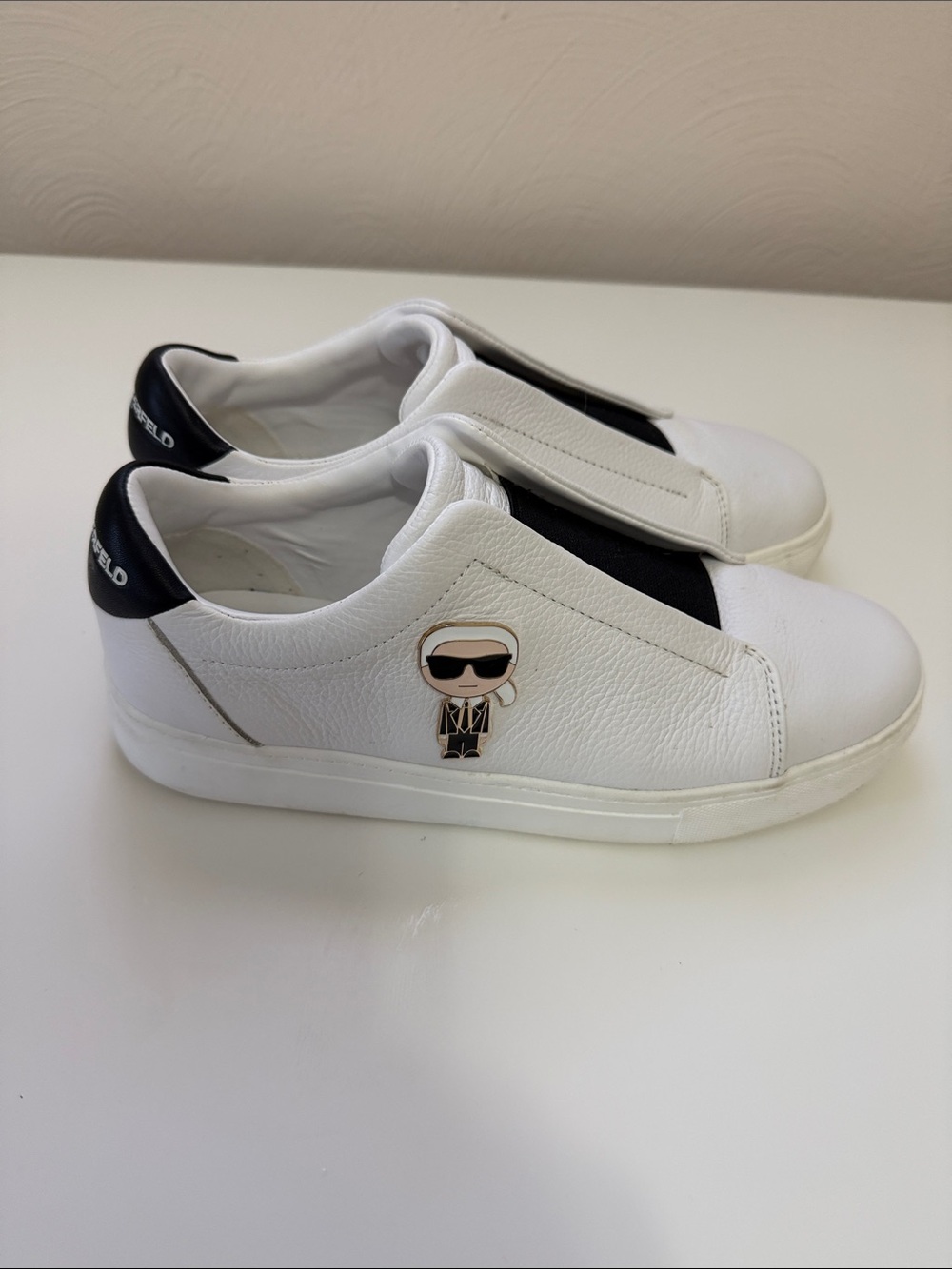 Karl Lagerfeld White Leather Slip-On Sneakers with Black Elastic